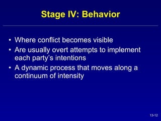 Stage IV: Behavior Where conflict becomes visible Are usually overt attempts to implement each party’s intentions A dynamic process that moves along a continuum of intensity 