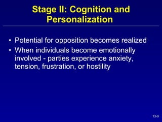 Stage II: Cognition and Personalization  Potential for opposition becomes realized When individuals become emotionally involved - parties experience anxiety, tension, frustration, or hostility  