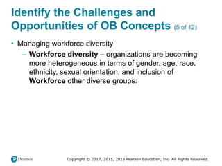 Copyright © 2017, 2015, 2013 Pearson Education, Inc. All Rights Reserved.
Identify the Challenges and
Opportunities of OB Concepts (5 of 12)
• Managing workforce diversity
– Workforce diversity – organizations are becoming
more heterogeneous in terms of gender, age, race,
ethnicity, sexual orientation, and inclusion of
Workforce other diverse groups.
 