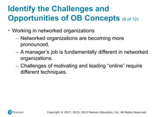 Copyright © 2017, 2015, 2013 Pearson Education, Inc. All Rights Reserved.
Identify the Challenges and
Opportunities of OB Concepts (8 of 12)
• Working in networked organizations
– Networked organizations are becoming more
pronounced.
– A manager’s job is fundamentally different in networked
organizations.
– Challenges of motivating and leading “online” require
different techniques.
 