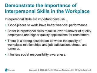 Copyright © 2017, 2015, 2013 Pearson Education, Inc. All Rights Reserved.
Demonstrate the Importance of
Interpersonal Skills in the Workplace
Interpersonal skills are important because…
• ‘Good places to work’ have better financial performance.
• Better interpersonal skills result in lower turnover of quality
employees and higher quality applications for recruitment.
• There is a strong association between the quality of
workplace relationships and job satisfaction, stress, and
turnover.
• It fosters social responsibility awareness.
 