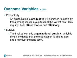 Copyright © 2017, 2015, 2013 Pearson Education, Inc. All Rights Reserved.
Outcome Variables (6 of 6)
• Productivity
– An organization is productive if it achieves its goals by
transforming inputs into outputs at the lowest cost. This
requires both effectiveness and efficiency.
• Survival
– The final outcome is organizational survival, which is
simply evidence that the organization is able to exist
and grow over the long term.
 