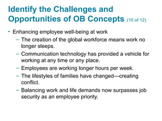 Identify the Challenges and
Opportunities of OB Concepts (10 of 12)
• Enhancing employee well-being at work
– The creation of the global workforce means work no
longer sleeps.
– Communication technology has provided a vehicle for
working at any time or any place.
– Employees are working longer hours per week.
– The lifestyles of families have changed—creating
conflict.
– Balancing work and life demands now surpasses job
security as an employee priority.
 