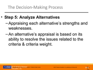 Management, Eleventh Edition by Stephen P. Robbins & Mary Coulter ©2012 Pearson Education, Inc. publishing as Prentice Hall
2-25
The Decision-Making Process
• Step 5: Analyze Alternatives
–Appraising each alternative’s strengths and
weaknesses.
–An alternative’s appraisal is based on its
ability to resolve the issues related to the
criteria & criteria weight.
2 -Copyright © 2016 by Pearson
Education, Inc.
 