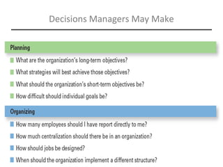 Management, Eleventh Edition by Stephen P. Robbins & Mary Coulter ©2012 Pearson Education, Inc. publishing as Prentice Hall
2-30
Decisions Managers May Make
2 -Copyright © 2016 by Pearson
Education, Inc.
 