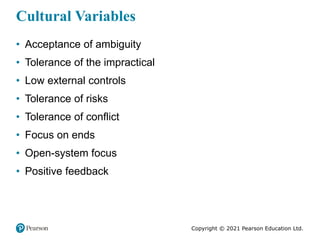 Copyright © 2021 Pearson Education Ltd.
Cultural Variables
• Acceptance of ambiguity
• Tolerance of the impractical
• Low external controls
• Tolerance of risks
• Tolerance of conflict
• Focus on ends
• Open-system focus
• Positive feedback
 