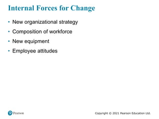 Copyright © 2021 Pearson Education Ltd.
Internal Forces for Change
• New organizational strategy
• Composition of workforc...