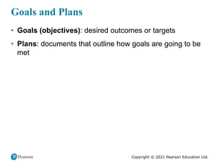 Copyright © 2021 Pearson Education Ltd.
Goals and Plans
• Goals (objectives): desired outcomes or targets
• Plans: documen...