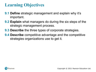 Copyright © 2021 Pearson Education Ltd.
Learning Objectives
9.1 Define strategic management and explain why it’s
important...