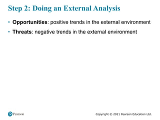 Copyright © 2021 Pearson Education Ltd.
Step 2: Doing an External Analysis
• Opportunities: positive trends in the externa...