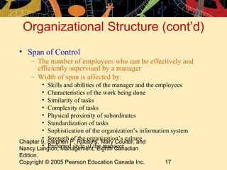 Chapter 9, Stephen P. Robbins, Mary Coulter, and
Nancy Langton, Management, Eighth Canadian
Edition.
Copyright © 2005 Pearson Education Canada Inc. 17
Organizational Structure (cont’d)
• Span of Control
– The number of employees who can be effectively and
efficiently supervised by a manager
– Width of span is affected by:
• Skills and abilities of the manager and the employees
• Characteristics of the work being done
• Similarity of tasks
• Complexity of tasks
• Physical proximity of subordinates
• Standardization of tasks
• Sophistication of the organization’s information system
• Strength of the organization’s culture
• Preferred style of the manager
 