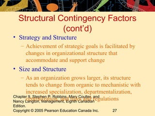 Chapter 9, Stephen P. Robbins, Mary Coulter, and
Nancy Langton, Management, Eighth Canadian
Edition.
Copyright © 2005 Pearson Education Canada Inc. 27
Structural Contingency Factors
(cont’d)
• Strategy and Structure
– Achievement of strategic goals is facilitated by
changes in organizational structure that
accommodate and support change
• Size and Structure
– As an organization grows larger, its structure
tends to change from organic to mechanistic with
increased specialization, departmentalization,
centralization, and rules and regulations
 