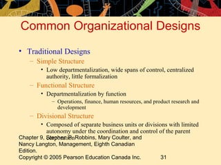 Chapter 9, Stephen P. Robbins, Mary Coulter, and
Nancy Langton, Management, Eighth Canadian
Edition.
Copyright © 2005 Pearson Education Canada Inc. 31
Common Organizational Designs
• Traditional Designs
– Simple Structure
• Low departmentalization, wide spans of control, centralized
authority, little formalization
– Functional Structure
• Departmentalization by function
– Operations, finance, human resources, and product research and
development
– Divisional Structure
• Composed of separate business units or divisions with limited
autonomy under the coordination and control of the parent
corporation
 