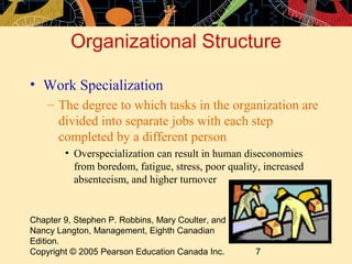 Chapter 9, Stephen P. Robbins, Mary Coulter, and
Nancy Langton, Management, Eighth Canadian
Edition.
Copyright © 2005 Pearson Education Canada Inc. 7
Organizational Structure
• Work Specialization
– The degree to which tasks in the organization are
divided into separate jobs with each step
completed by a different person
• Overspecialization can result in human diseconomies
from boredom, fatigue, stress, poor quality, increased
absenteeism, and higher turnover
 