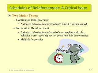 Schedules of Reinforcement: A Critical Issue
 Two Major Types:
– Continuous Reinforcement
• A desired behavior is reinforced each time it is demonstrated
– Intermittent Reinforcement
• A desired behavior is reinforced often enough to make the
behavior worth repeating but not every time it is demonstrated
• Multiple frequencies
2-11
© 2009 Prentice-Hall Inc. All rights reserved.
 