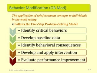 Behavior Modification (OB Mod)
The application of reinforcement concepts to individuals
in the work setting
Follows the Five-Step Problem-Solving Model
1 • Identify critical behaviors
2 • Develop baseline data
3 • Identify behavioral consequences
4 • Develop and apply intervention
5 • Evaluate performance improvement
2-14
© 2009 Prentice-Hall Inc. All rights reserved.
 