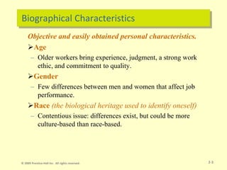 Biographical Characteristics
Objective and easily obtained personal characteristics.
Age
– Older workers bring experience, judgment, a strong work
ethic, and commitment to quality.
Gender
– Few differences between men and women that affect job
performance.
Race (the biological heritage used to identify oneself)
– Contentious issue: differences exist, but could be more
culture-based than race-based.
2-3
© 2009 Prentice-Hall Inc. All rights reserved.
 