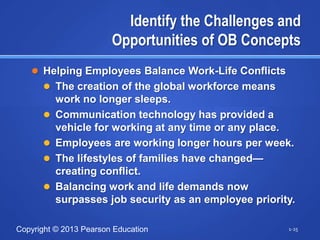Identify the Challenges and
                        Opportunities of OB Concepts
    Helping Employees Balance Work-Life Conflicts
       The creation of the global workforce means
          work no longer sleeps.
         Communication technology has provided a
          vehicle for working at any time or any place.
         Employees are working longer hours per week.
         The lifestyles of families have changed—
          creating conflict.
         Balancing work and life demands now
          surpasses job security as an employee priority.

Copyright © 2013 Pearson Education                     1-25
 