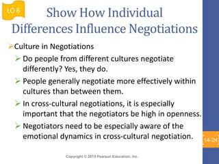 Copyright © 2015 Pearson Education, Inc.
Show How Individual
Differences Influence Negotiations
Culture in Negotiations
 Do people from different cultures negotiate
differently? Yes, they do.
 People generally negotiate more effectively within
cultures than between them.
 In cross-cultural negotiations, it is especially
important that the negotiators be high in openness.
 Negotiators need to be especially aware of the
emotional dynamics in cross-cultural negotiation.
LO 6
14-24
 