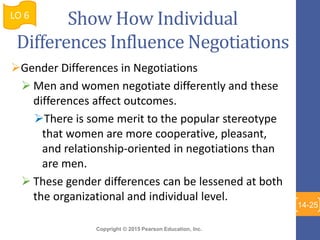 Copyright © 2015 Pearson Education, Inc.
Show How Individual
Differences Influence Negotiations
Gender Differences in Negotiations
 Men and women negotiate differently and these
differences affect outcomes.
There is some merit to the popular stereotype
that women are more cooperative, pleasant,
and relationship-oriented in negotiations than
are men.
 These gender differences can be lessened at both
the organizational and individual level.
LO 6
14-25
 