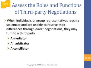Copyright © 2015 Pearson Education, Inc.
Assess the Roles and Functions
of Third-party Negotiations
When individuals or group representatives reach a
stalemate and are unable to resolve their
differences through direct negotiations, they may
turn to a third party.
 A mediator
 An arbitrator
 A conciliator
LO 7
14-26
 