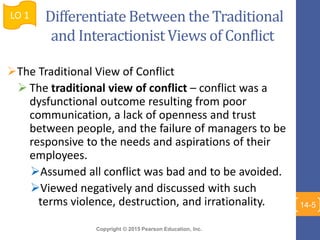 Copyright © 2015 Pearson Education, Inc.
Differentiate Between the Traditional
and Interactionist Views of Conflict
The Traditional View of Conflict
 The traditional view of conflict – conflict was a
dysfunctional outcome resulting from poor
communication, a lack of openness and trust
between people, and the failure of managers to be
responsive to the needs and aspirations of their
employees.
Assumed all conflict was bad and to be avoided.
Viewed negatively and discussed with such
terms violence, destruction, and irrationality.
LO 1
14-5
 