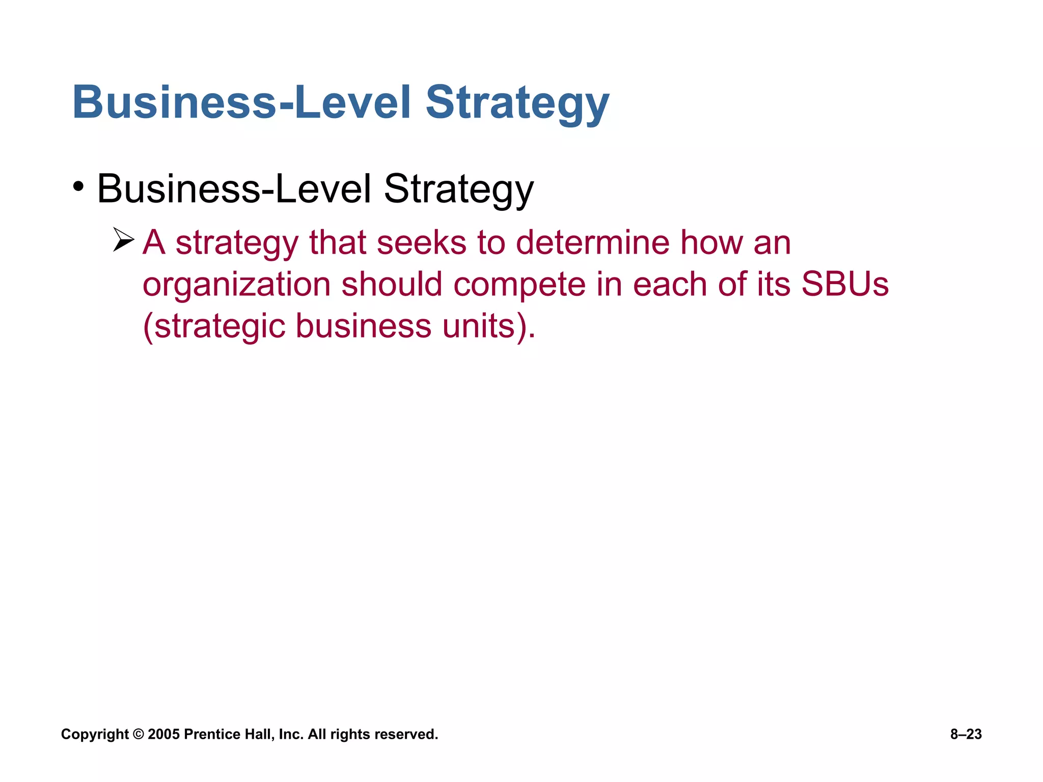 Business-Level Strategy Business-Level Strategy A strategy that seeks to determine how an organization should compete in each of its SBUs (strategic business units). 