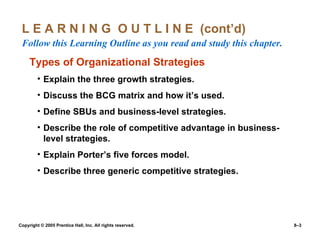 L E A R N I N G  O U T L I N E  (cont’d)  Follow this Learning Outline as you read and study this chapter. Types of Organizational Strategies Explain the three growth strategies. Discuss the BCG matrix and how it’s used. Define SBUs and business-level strategies. Describe the role of competitive advantage in business-level strategies. Explain Porter’s five forces model. Describe three generic competitive strategies. 