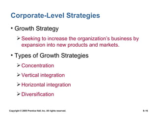 Corporate-Level Strategies Growth Strategy Seeking to increase the organization’s business by expansion into new products and markets. Types of Growth Strategies Concentration Vertical integration Horizontal integration Diversification 