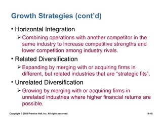 Growth Strategies (cont’d) Horizontal Integration Combining operations with another competitor in the same industry to increase competitive strengths and lower competition among industry rivals. Related Diversification Expanding by merging with or acquiring firms in different, but related industries that are “strategic fits”. Unrelated Diversification Growing by merging with or acquiring firms in unrelated industries where higher financial returns are possible. 