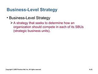 Business-Level Strategy Business-Level Strategy A strategy that seeks to determine how an organization should compete in each of its SBUs (strategic business units). 