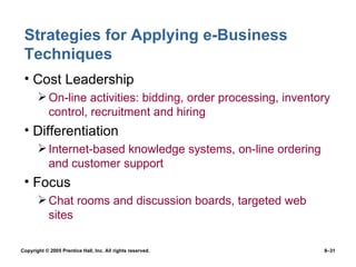Strategies for Applying e-Business Techniques Cost Leadership On-line activities: bidding, order processing, inventory control, recruitment and hiring Differentiation Internet-based knowledge systems, on-line ordering and customer support Focus Chat rooms and discussion boards, targeted web sites 