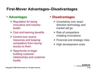 First-Mover Advantages – Disadvantages Advantages Reputation for being innovative and industry leader Cost and learning benefits Control over scarce resources and keeping competitors from having access to them Opportunity to begin building customer relationships and customer loyalty Disadvantages Uncertainty over exact direction technology and market will go Risk of competitors imitating innovations Financial and strategic risks High development costs Exhibit 8.8 