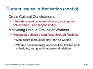 Current Issues in Motivation (cont’d)
 • Cross-Cultural Consistencies
        Interesting work is widely desired, as is growth,
         achievement, and responsibility.
 • Motivating Unique Groups of Workers
        Motivating a diverse workforce through flexibility:
               Men          desire more autonomy than do women.
               Women    desire learning opportunities, flexible work
                  schedules, and good interpersonal relations.




Copyright © 2005 Prentice Hall, Inc. All rights reserved.               16–34
 