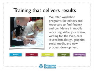 Training that delivers results
We offer workshop
programs for editors and
reporters to ﬁnd ﬂuency
and conﬁdence in mobile
reporting, video journalism,
writing for the Web, data
journalism, design, graphics,
social media, and new
product development.
Mobile Data Video Design Prototyping
 