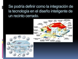 Se podría definir como la integración de la tecnología en el diseño inteligente de un recinto cerrado.