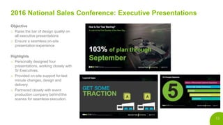13
2016 National Sales Conference: Executive Presentations
Objective
o Raise the bar of design quality on
all executive presentations
o Ensure a seamless on-site
presentation experience
Highlights
o Personally designed four
presentations, working closely with
Sr Executives.
o Provided on-site support for last
minute changes, design and
delivery.
o Partnered closely with event
production company behind the
scenes for seamless execution.
 