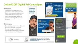 17
Cobalt/CDK Digital Ad Campaigns
Highlights
o Leveraging Cobalt’s brand (the
precursor to CDK Global), multiple
brand explorations engaged dealer
clients with a high success rate.
o Every campaign was backed by
content marketing, eBooks and
webinars.
Challenges
o Consistently raised the bar of visuals
to engage targeted audiences.
o Overcame stigma of lackluster
banner ads by engaging customers
with questions, visual tricks, etc.
 