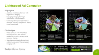 24
Lightspeed Ad Campaign
Highlights
o Address multiple audiences with
segmented imagery
o Engaging imagery for “high
adrenaline” customer base
o Campaign designed to stand out
amongst industry competitors within
trade magazines
Challenges
o Via a series of ads directed at
motorsports, RV and marine
audiences, agency developed a
common theme..
o Web banner ads with limited real
estate made use of the campaign
imagery well.
Design: Gerard Agency
 