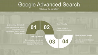 Google Advanced Search
What are the benefits?
Often genealogical search
queries are more
complicated than a simple
Google search
Overcoming Simplicity
Genealogical records are
often older and buried more
deeply on the Internet
The Age Factor
Easier to use for
genealogical queries
User Friendly
Less of a need for Boolean
search terms
Easier to Build Search
01 02
03 04
 