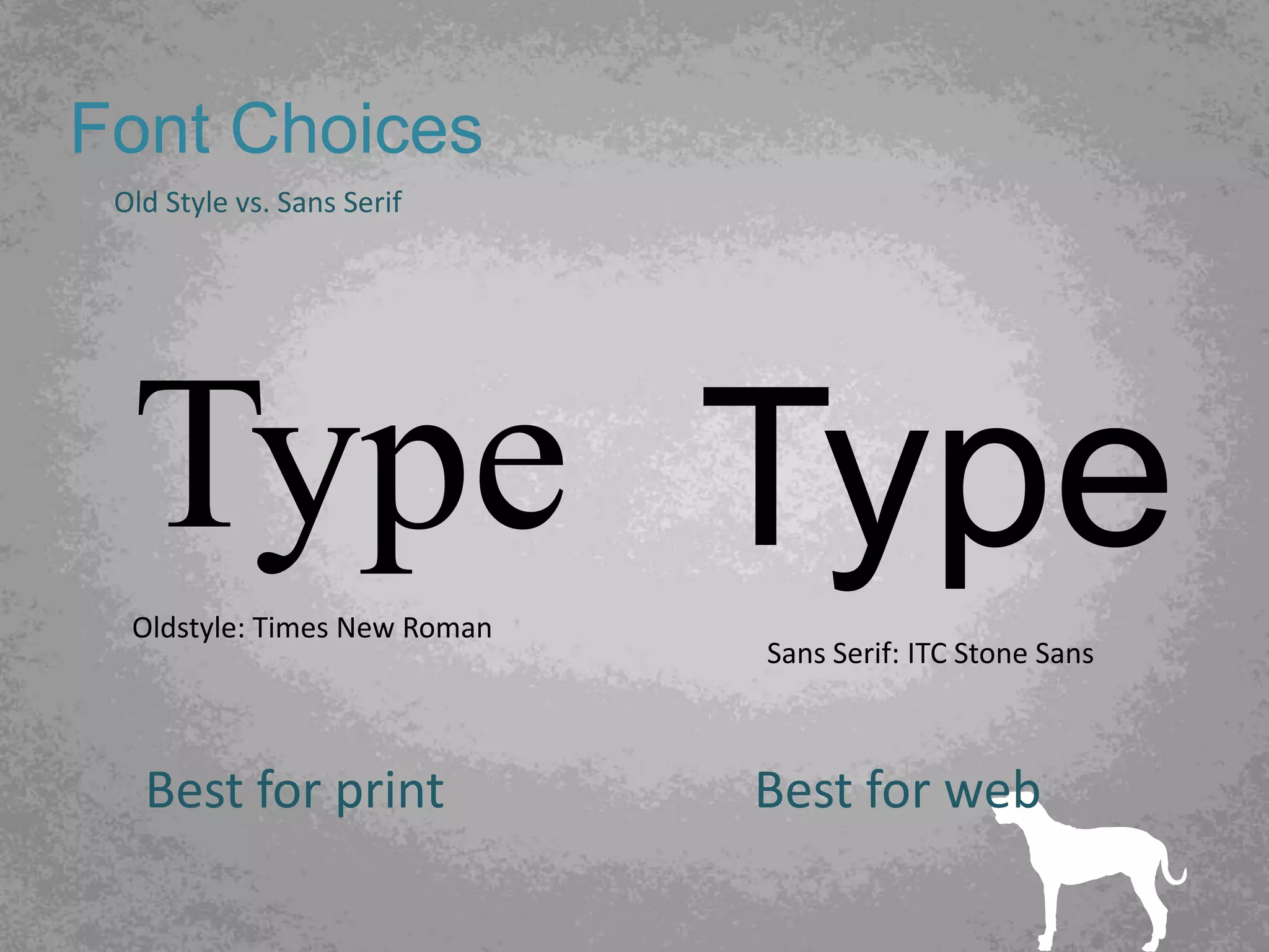 Font Choices
 Old Style vs. Sans Serif




  Type Type
  Oldstyle: Times New Roman
                              Sans Serif: ITC Stone Sans



   Best for print             Best for web
 