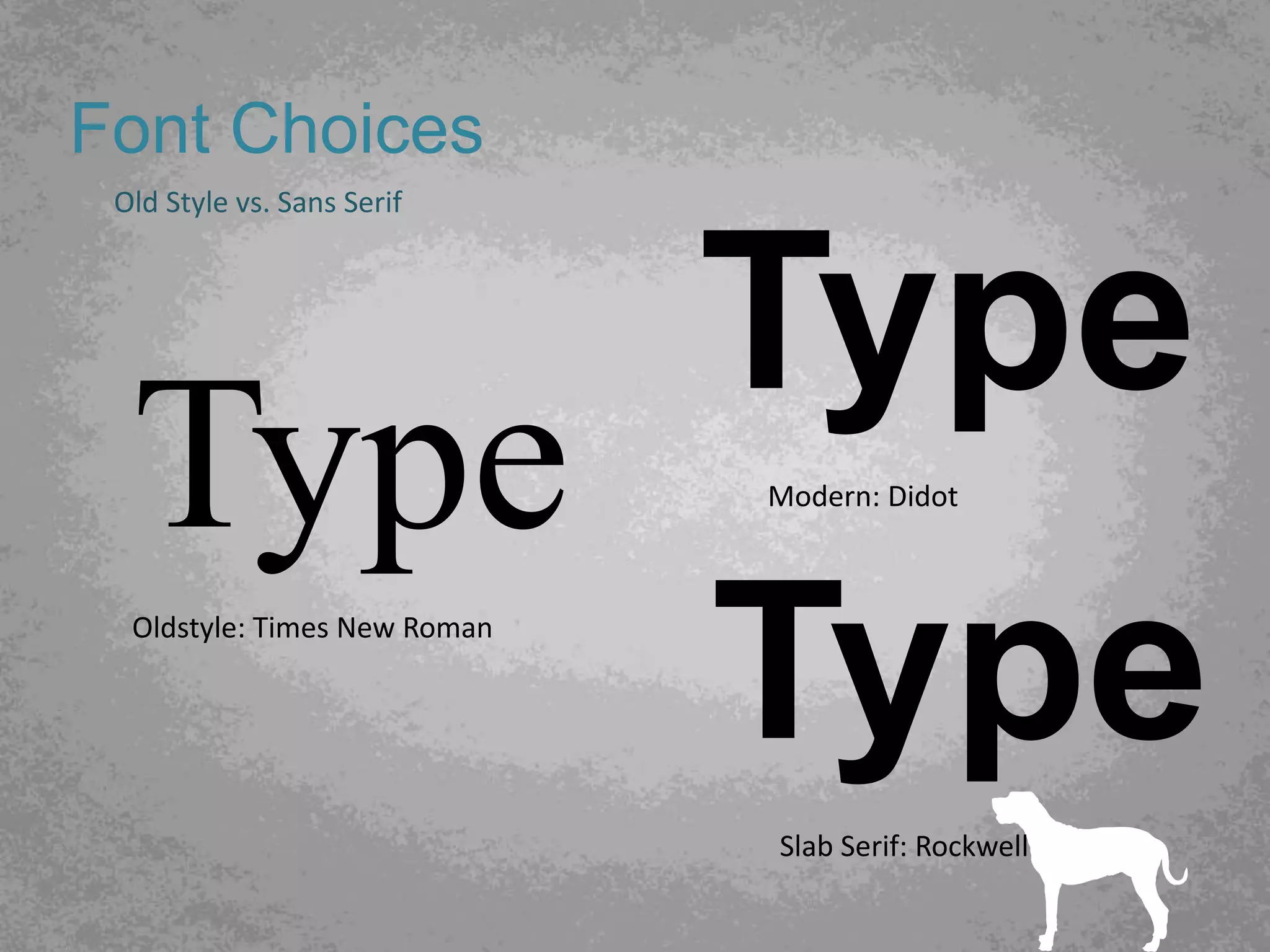 Font Choices
 Old Style vs. Sans Serif




                              Type
  Type                        Modern: Didot



  Oldstyle: Times New Roman


                              Type
                              Slab Serif: Rockwell
 