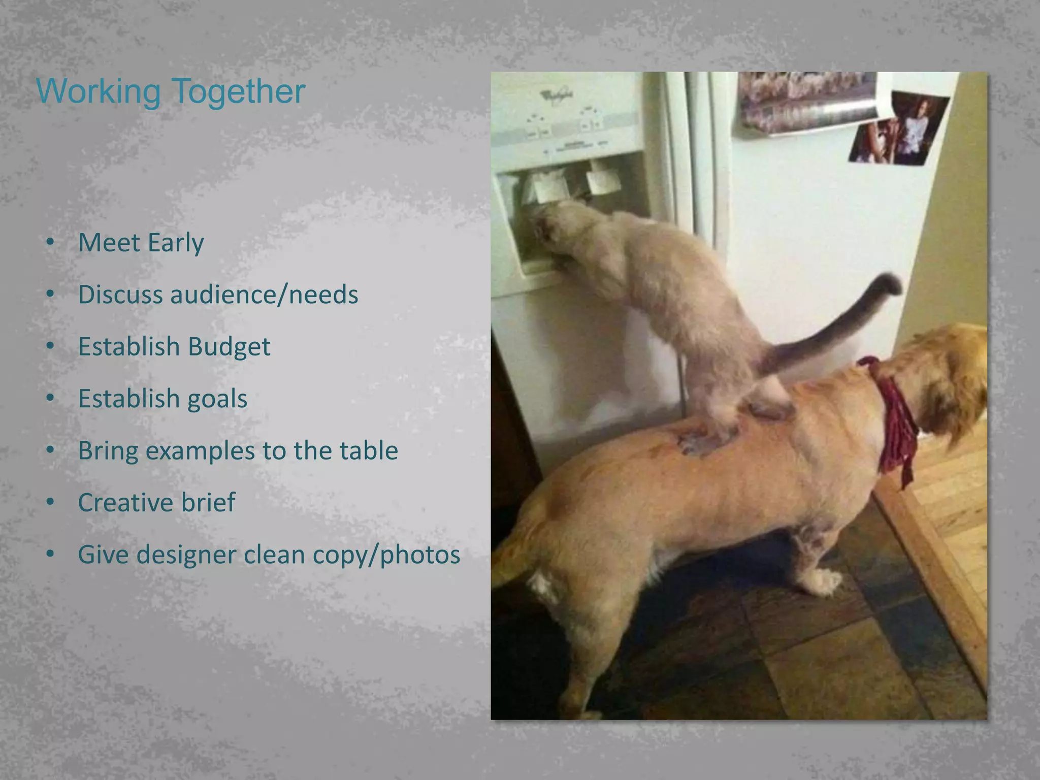 Working Together



• Meet Early
• Discuss audience/needs
• Establish Budget
• Establish goals
• Bring examples to the table
• Creative brief
• Give designer clean copy/photos
 