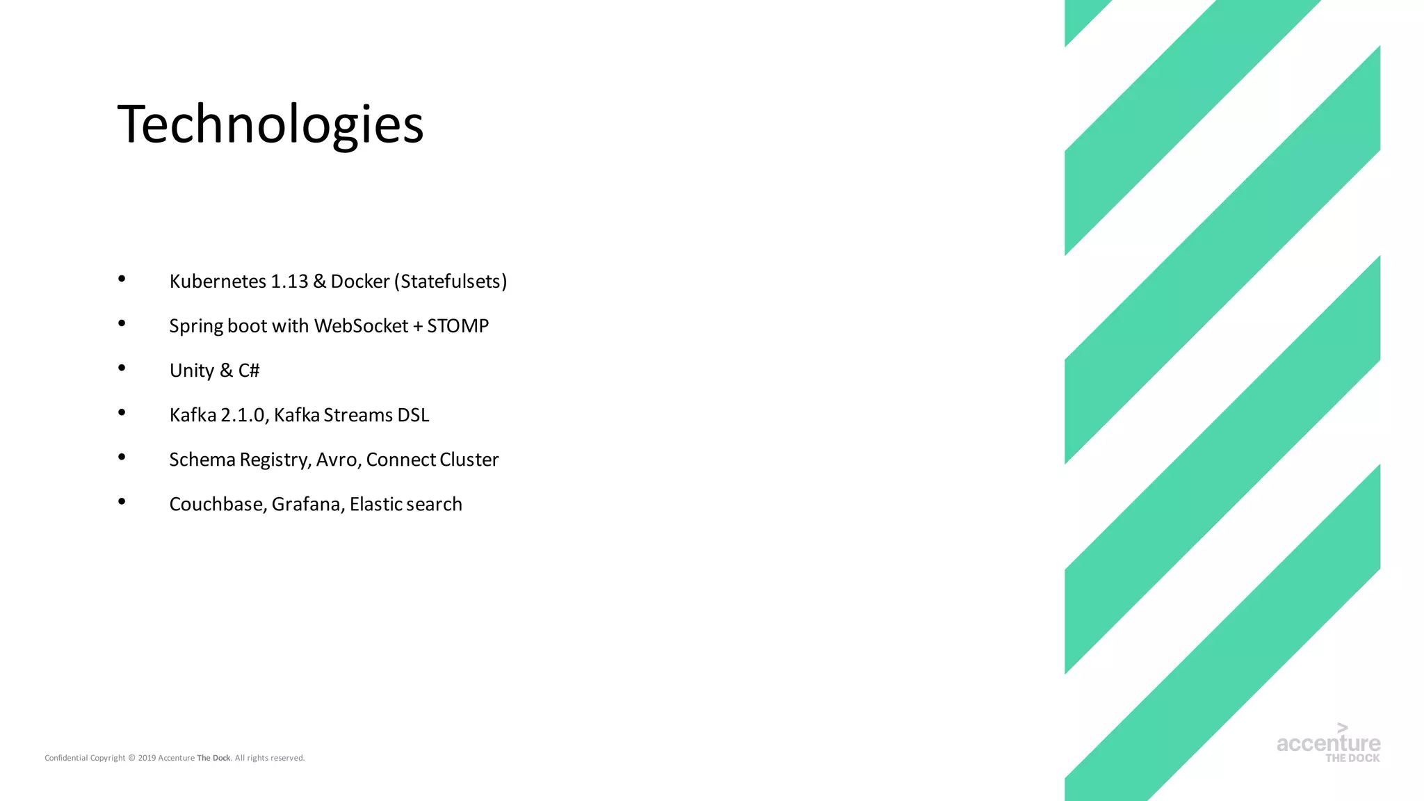 • Kubernetes 1.13 & Docker (Statefulsets)
• Spring boot with WebSocket + STOMP
• Unity & C#
• Kafka 2.1.0, Kafka Streams DSL
• Schema Registry, Avro, ConnectCluster
• Couchbase, Grafana, Elastic search
Technologies
 