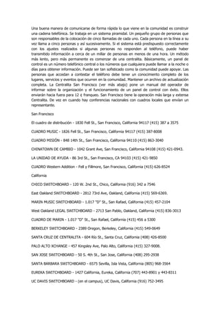 Una buena manera de comunicarse de forma rápida lo que viene en la comunidad es construir una cadena telefónica. Se trabaja en un sistema piramidal. Un pequeño grupo de personas que son responsables de la colocación de cinco llamadas de cada uno. Cada persona en la línea a su vez llama a cinco personas y así sucesivamente. Si el sistema está predispuesto correctamente con los ajustes realizados si algunas personas no responden al teléfono, puede haber transmitido información a cerca de un millar de personas en menos de una hora. Un método más lento, pero más permanente es comenzar de una centralita. Básicamente, un panel de control es un número telefónico central o los números que cualquiera puede llamar a la noche o días para obtener información. Puede ser tan sofisticado como la comunidad puede apoyar. Las personas que accedan a contestar el teléfono debe tener un conocimiento completo de los lugares, servicios y eventos que ocurren en la comunidad. Mantener un archivo de actualización completa. La Centralita San Francisco (ver más abajo) pone un manual del operador de informar sobre la organización y el funcionamiento de un panel de control con éxito. Ellos enviarán hacia fuera para 12 ¢ franqueo. San Francisco tiene la operación más larga y extensa Centralita. De vez en cuando hay conferencias nacionales con cuadros locales que envían un representante. 
San Francisco 
El cuadro de distribución - 1830 Fell St., San Francisco, California 94117 (415) 387 a 3575 
CUADRO MUSIC - 1826 Fell St., San Francisco, California 94117 (415) 387-8008 
CUADRO MISIÓN - 848 14th St., San Francisco, California 94110 (415) 863-3040 
CHINATOWN DE CAMBIO - 1042 Grant Ave, San Francisco, California 94108 (415) 421-0943. 
LA UNIDAD DE AYUDA - 86 3rd St., San Francisco, CA 94103 (415) 421-9850 
CUADRO Western Addition - Fell y Fillmore, San Francisco, California (415) 626-8524 
California 
CHICO SWITCHBOARD - 120 W. 2nd St., Chico, California (916) 342 a 7546 
East Oakland SWITCHBOARD - 2812 73rd Ave, Oakland, California (415) 569-6369. 
MARIN MUSIC SWITCHBOARD - 1.017 "D" St., San Rafael, California (415) 457-2104 
West Oakland LEGAL SWITCHBOARD - 2713 San Pablo, Oakland, California (415) 836-3013 
CUADRO DE MARIN - 1.017 "D" St., San Rafael, California (415) 456 a 5300 
BERKELEY SWITCHBOARD - 2389 Oregon, Berkeley, California (415) 549-0649 
SANTA CRUZ DE CENTRALITA - 604 Río St., Santa Cruz, California (408) 426-8500 
PALO ALTO XCHANGE - 457 Kingsley Ave, Palo Alto, California (415) 327-9008. 
SAN JOSE SWITCHBOARD - 50 S. 4th St., San Jose, California (408) 295-2938 
SANTA BARBARA SWITCHBOARD - 6575 Sevilla, Isla Vista, California (805) 968-3564 
EUREKA SWITCHBOARD - 1427 California, Eureka, California (707) 443-8901 y 443-8311 
UC DAVIS SWITCHBOARD - (en el campus), UC Davis, California (916) 752-3495  