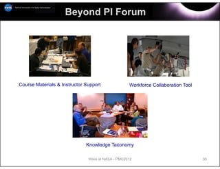 Beyond PI Forum




Course Materials & Instructor Support               Workforce Collaboration Tool




                              Knowledge Taxonomy

                               Wikis at NASA - PMC2012                             30
 