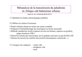 Métanalyse de la transmission du paludisme
             en Afrique sub-Saharienne urbaine
                        Robert et al., Am J Trop Med Hyg, 2003, 68: 169-176



1°) Identifier les études entomologiques publiées

2°) Définir les critères d’inclusion
• Études réalisées durant au moins une année complète
• Fréquence d’échantillonnage des moustiques au moins mensuelle
• Méthode standard de récolte (captures de nuit sur homme, captures au pyrèthre,
          pièges lumineux CDC)
• Infectivité estimée par microscopie sur les glandes salivaires ou par ELISA-CSP
• Absence de mesure de contrôle antivectoriel (moustiquaire, insecticide…)


3°) Assigner une catégorie: - centre ville
                            - périphérie ville
                            - rural
 