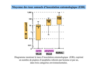 Moyenne des taux annuels d’inoculation entomologique (EIR)
                     1,000



                          100                       168
                                            46

           E I R annuel    10
                                   7
                             1



                           0.1



                          0.01

                             0
                                 centre   périphérie
                                                     RURAL
                                 VILLE     VILLE
 Diagramme montrant le taux d’inoculation entomologique (EIR), exprimé
     en nombre de piqûres d’anophèles infectés par homme et par an,
                dans trois catégories environnementales.
 