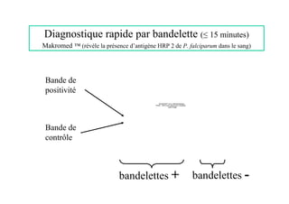 Diagnostique rapide par bandelette (≤ 15 minutes)
Makromed ™ (révèle la présence d’antigène HRP 2 de P. falciparum dans le sang)




 Bande de
 positivité
                                             QuickTime™ et un décompresseur
                                          Photo - JPEG sont requis pour visualiser
                                                         cette image.




 Bande de
 contrôle



                            bandelettes +                                            bandelettes -
 