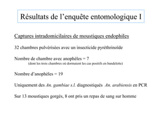 Résultats de l’enquête entomologique I

Captures intradomicilaires de moustiques endophiles

32 chambres pulvérisées avec un insecticide pyréthrinoïde

Nombre de chambre avec anophèles = 7
       (dont les trois chambres où dormaient les cas positifs en bandelette)


Nombre d’anophèles = 19

Uniquement des An. gambiae s.l. diagnostiqués An. arabiensis en PCR

Sur 13 moustiques gorgés, 8 ont pris un repas de sang sur homme
 